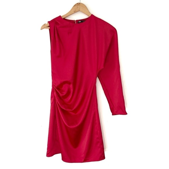 Zara | Red Satin Asymmetrical One Shoulder Mini Dress Size XS - Picture 6 of 13